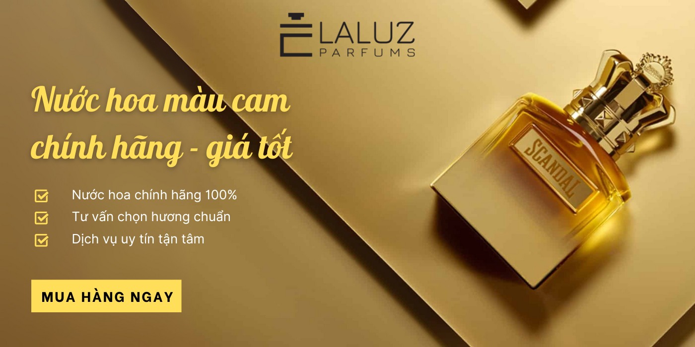 Banner nước hoa màu cam chính hãng tại Laluz